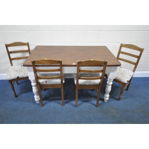 196 - A PARTIALLY PAINTED PINE RECTANGULAR FARMHOUSE STYLE TABLE, raised on turned legs, length 132cm x de... 