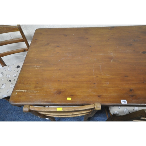 196 - A PARTIALLY PAINTED PINE RECTANGULAR FARMHOUSE STYLE TABLE, raised on turned legs, length 132cm x de... 