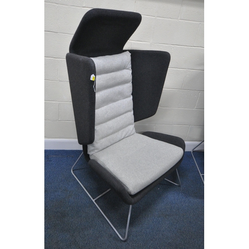 197 - ORANGEBOX ADEN  HBH-01, A PAIR OF LARGE GREY AND CHARCOAL UPHOLSTERED WING BACK ARMCHAIRS, with a ho... 