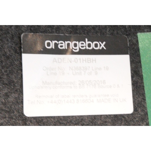 197 - ORANGEBOX ADEN  HBH-01, A PAIR OF LARGE GREY AND CHARCOAL UPHOLSTERED WING BACK ARMCHAIRS, with a ho... 
