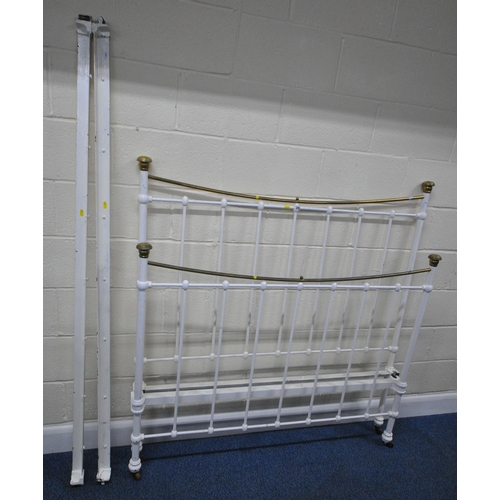 200 - A WHITE PAINTED BRASS AND CAST IRON 4FT6 BEDSTEAD, with a tartan insert, condition report: overpaint... 