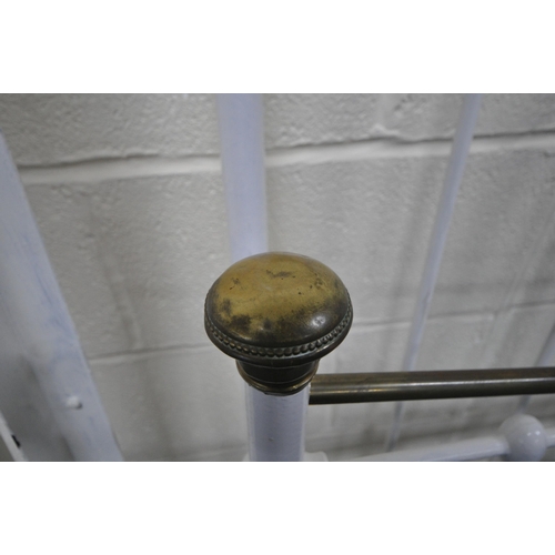 200 - A WHITE PAINTED BRASS AND CAST IRON 4FT6 BEDSTEAD, with a tartan insert, condition report: overpaint... 