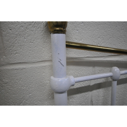 200 - A WHITE PAINTED BRASS AND CAST IRON 4FT6 BEDSTEAD, with a tartan insert, condition report: overpaint... 