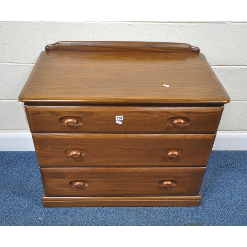 201 - COUSINS AND MATTHEWS, AN ELM CHEST OF THREE DRAWERS, with a small raised back, width 85cm x depth 48... 