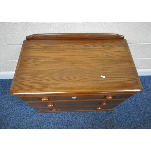 201 - COUSINS AND MATTHEWS, AN ELM CHEST OF THREE DRAWERS, with a small raised back, width 85cm x depth 48... 