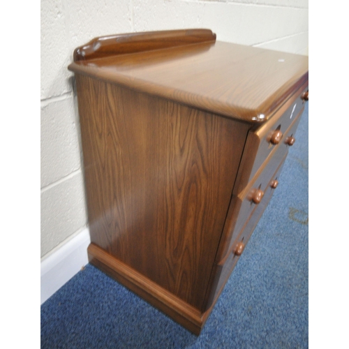 201 - COUSINS AND MATTHEWS, AN ELM CHEST OF THREE DRAWERS, with a small raised back, width 85cm x depth 48... 