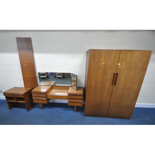 203 - A MID-CENTURY AVALON TEAK FOUR PIECE BEDROOM SUITE, comprising a double door wardrobe, width 122cm x... 