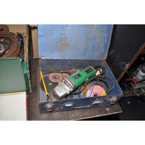67 - FIVE TRAYS CONTAINING TOOLS, including a Hitachi angle grinder, a Black and Decker circular saw, a B... 