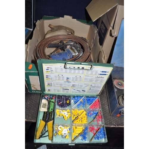 67 - FIVE TRAYS CONTAINING TOOLS, including a Hitachi angle grinder, a Black and Decker circular saw, a B... 