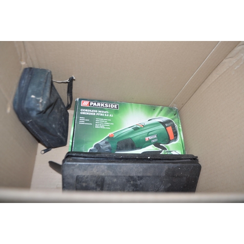 67 - FIVE TRAYS CONTAINING TOOLS, including a Hitachi angle grinder, a Black and Decker circular saw, a B... 