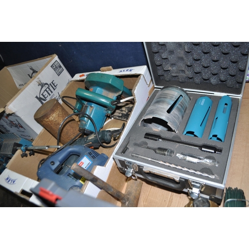 67 - FIVE TRAYS CONTAINING TOOLS, including a Hitachi angle grinder, a Black and Decker circular saw, a B... 