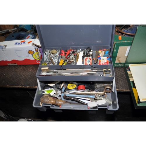 67 - FIVE TRAYS CONTAINING TOOLS, including a Hitachi angle grinder, a Black and Decker circular saw, a B... 