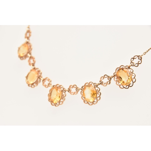 430 - A 9CT GOLD CITRINE NECKLACE, set with five oval cut Citrine's each in a four claw setting within an ... 