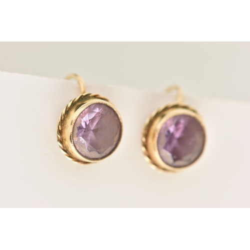 432 - A PAIR OF YELLOW METAL GEM SET EARRINGS, for non-pierced ears, circular cut light purple stones asse... 