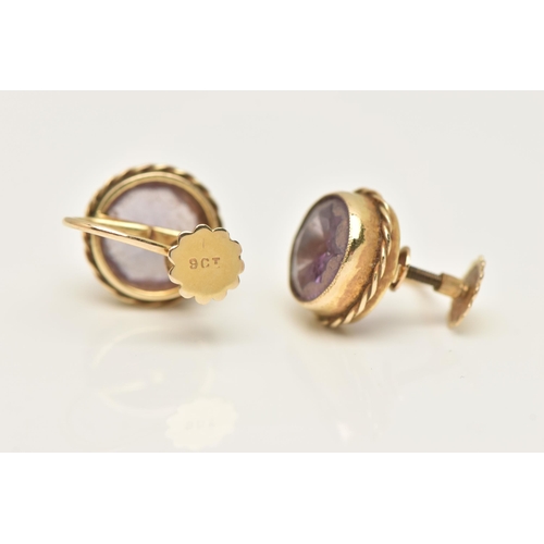 432 - A PAIR OF YELLOW METAL GEM SET EARRINGS, for non-pierced ears, circular cut light purple stones asse... 