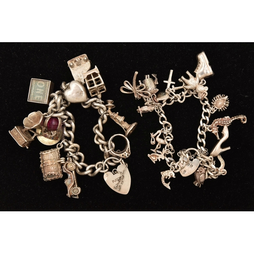 448 - TWO SILVER CHARM BRACELETS, two curb link bracelets, each fitted with heart padlock clasps, both hal... 