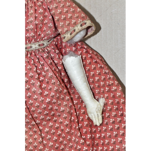 1020 - A NINETEENTH CENTURY PORCELAIN HEAD DOLL, with hand stitched cloth body and legs, kid leather arms a...