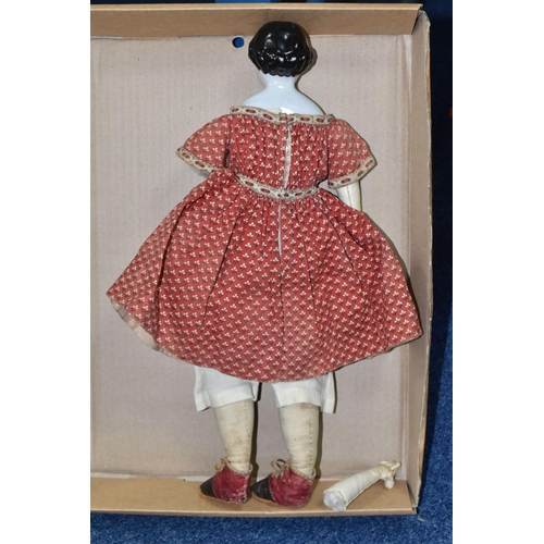 1020 - A NINETEENTH CENTURY PORCELAIN HEAD DOLL, with hand stitched cloth body and legs, kid leather arms a...