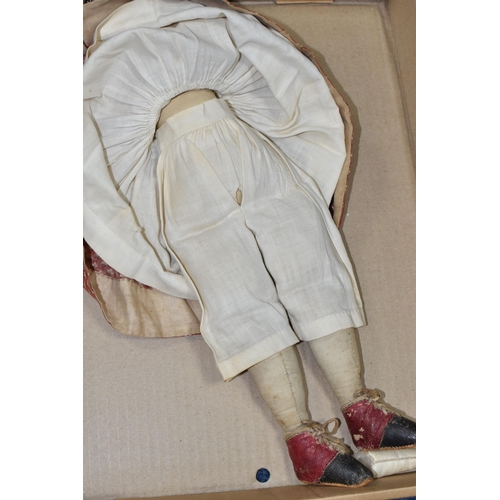 1020 - A NINETEENTH CENTURY PORCELAIN HEAD DOLL, with hand stitched cloth body and legs, kid leather arms a...