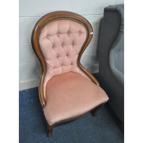 146 - A GREY UPHOLSTERED WINGBACK ARMCHAIR, width 82cm x depth 100cm x height 100cm, along with a reproduc... 