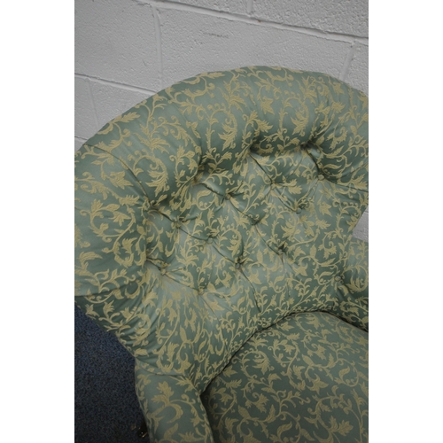 148 - A VICTORIAN BUTTON BALLOON BACK ARMCHAIR, with scrolled armrests, serpentine fronted seat, raised on... 