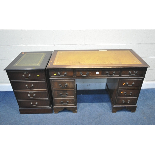 155 - A 20TH CENTURY MAHOGANY TWIN PEDESTAL DESK, with a tanned leather writing surface, and eight assorte... 