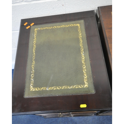 155 - A 20TH CENTURY MAHOGANY TWIN PEDESTAL DESK, with a tanned leather writing surface, and eight assorte... 