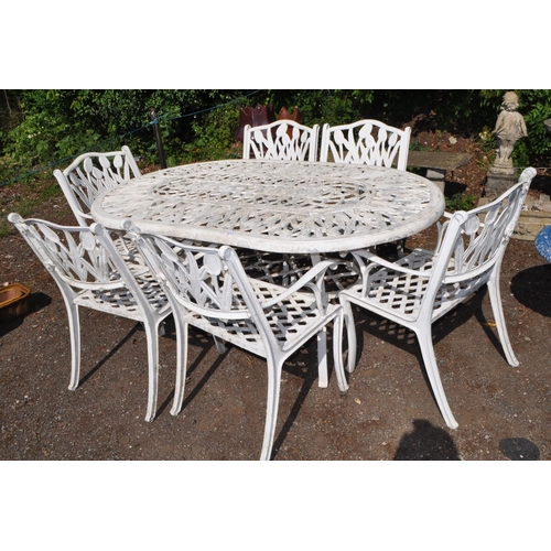 1 - A CAST ALUMINIUM GARDEN TABLE AND SIX MATCHING CARVER CHAIRS, with tulip detailing to all, table 176... 
