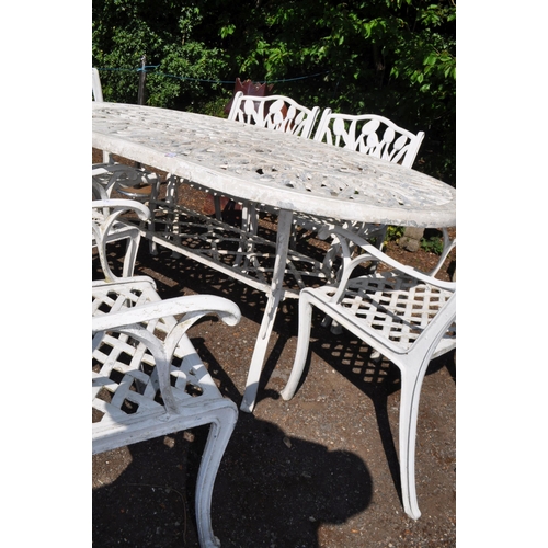 1 - A CAST ALUMINIUM GARDEN TABLE AND SIX MATCHING CARVER CHAIRS, with tulip detailing to all, table 176... 