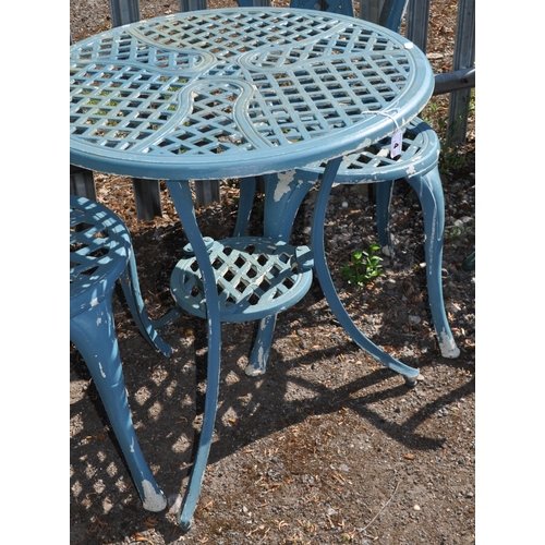 4 - A CAST ALUMINIUM GARDEN TABLE AND TWO MATCHING CHAIRS table diameter 61cm, Condition report: paint l... 