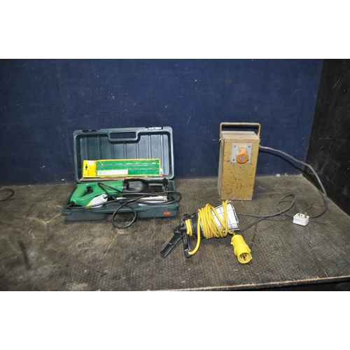 66 - A CASED HITACHI CR12V 110V RECIPROCATING SAW, with a 110v lead light, and a vintage 110v transformer... 