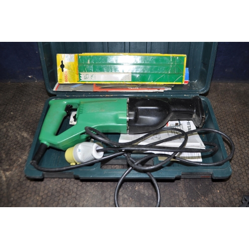 66 - A CASED HITACHI CR12V 110V RECIPROCATING SAW, with a 110v lead light, and a vintage 110v transformer... 
