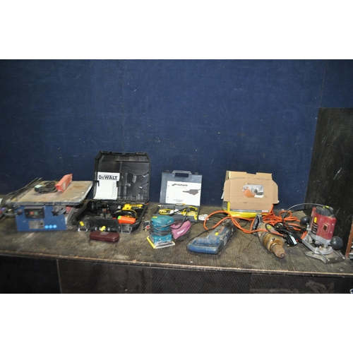 68 - A COLLECTION OF POWER TOOLS, comprising a DeWalt DC725 18v drill with case, two discharged batteries... 