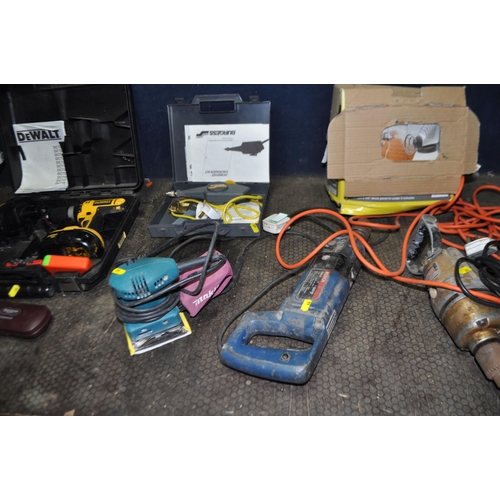 68 - A COLLECTION OF POWER TOOLS, comprising a DeWalt DC725 18v drill with case, two discharged batteries... 