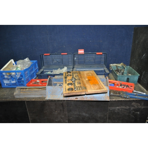 74 - A LARGE QUANTITY OF TOOLS AND HARDWARE, including coach bolts, drill bits, a pair of Record No601 bo... 