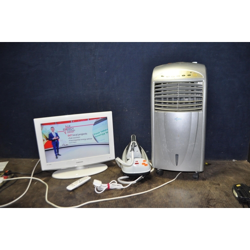 87 - A SAMSUNG LE22A455C1D 22in TV, with remote, an Airforce air cooler and a Morphy Richards Steam iron ... 