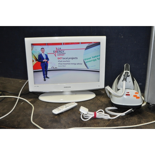 87 - A SAMSUNG LE22A455C1D 22in TV, with remote, an Airforce air cooler and a Morphy Richards Steam iron ... 