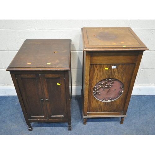 170 - AN EARLY 20TH CENTURY OAK MEDIA CABINET, with a hinged lid, a distressed fretwork front, and a singl... 