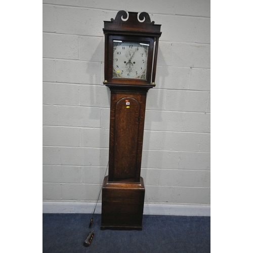 188 - A GEORGIAN OAK 30 HOUR LONGCASE CLOCK, with twin swan neck pediment, two cylindrical pillars flankin... 