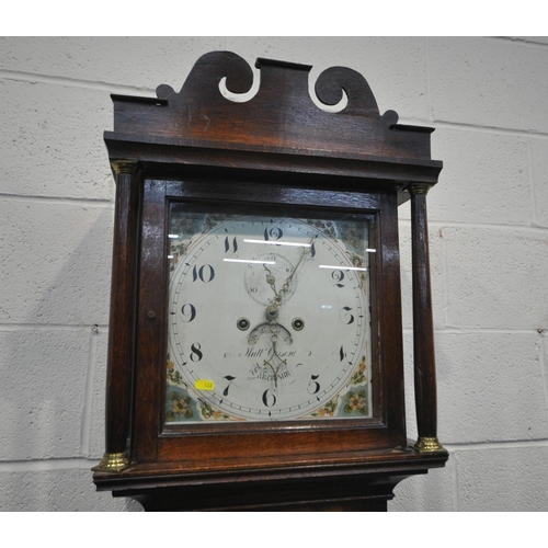 188 - A GEORGIAN OAK 30 HOUR LONGCASE CLOCK, with twin swan neck pediment, two cylindrical pillars flankin... 
