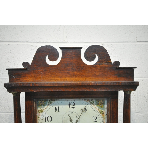 188 - A GEORGIAN OAK 30 HOUR LONGCASE CLOCK, with twin swan neck pediment, two cylindrical pillars flankin... 