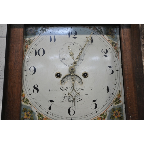 188 - A GEORGIAN OAK 30 HOUR LONGCASE CLOCK, with twin swan neck pediment, two cylindrical pillars flankin... 