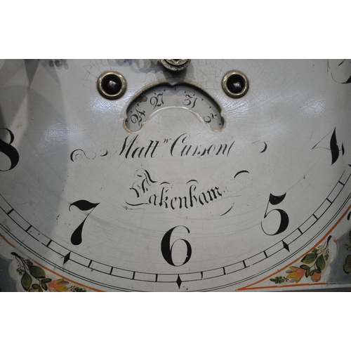 188 - A GEORGIAN OAK 30 HOUR LONGCASE CLOCK, with twin swan neck pediment, two cylindrical pillars flankin... 