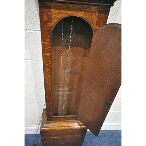 188 - A GEORGIAN OAK 30 HOUR LONGCASE CLOCK, with twin swan neck pediment, two cylindrical pillars flankin... 