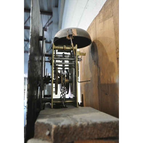 188 - A GEORGIAN OAK 30 HOUR LONGCASE CLOCK, with twin swan neck pediment, two cylindrical pillars flankin... 