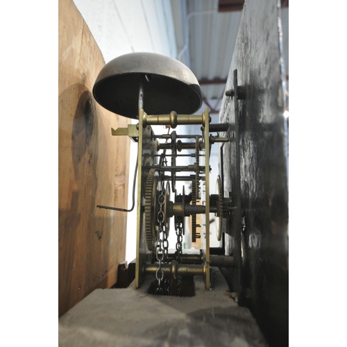 188 - A GEORGIAN OAK 30 HOUR LONGCASE CLOCK, with twin swan neck pediment, two cylindrical pillars flankin... 