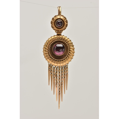 423 - A VICTORIAN CONVERSION CARBUNCLE PENDANT, designed as two circular panels with wire beading detail, ... 