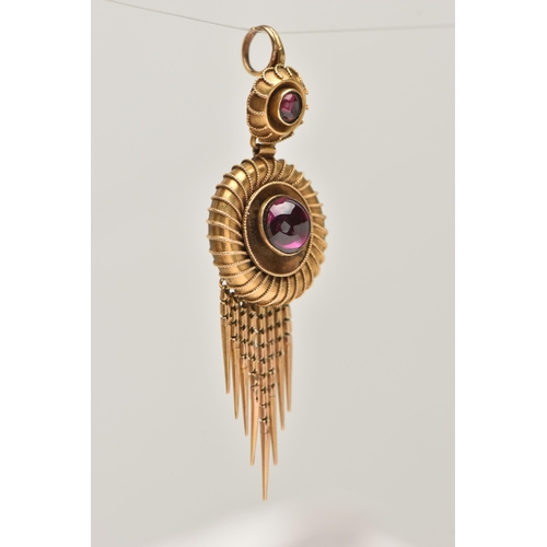 423 - A VICTORIAN CONVERSION CARBUNCLE PENDANT, designed as two circular panels with wire beading detail, ... 