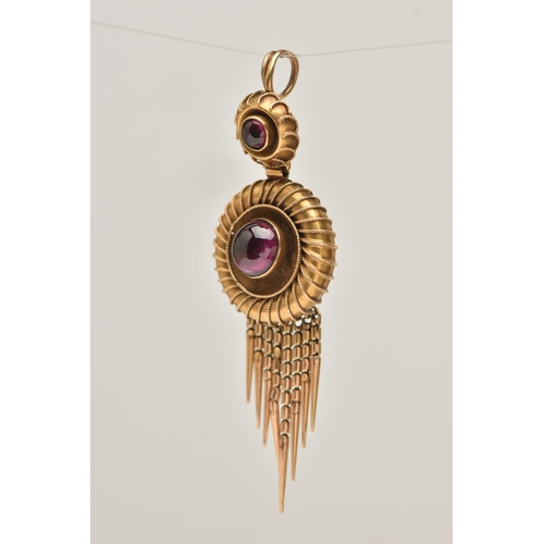 423 - A VICTORIAN CONVERSION CARBUNCLE PENDANT, designed as two circular panels with wire beading detail, ... 