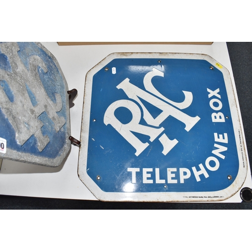 TWO VINTAGE RAC SIGNS comprising an enamel 'RAC Telephone Box' sign ...